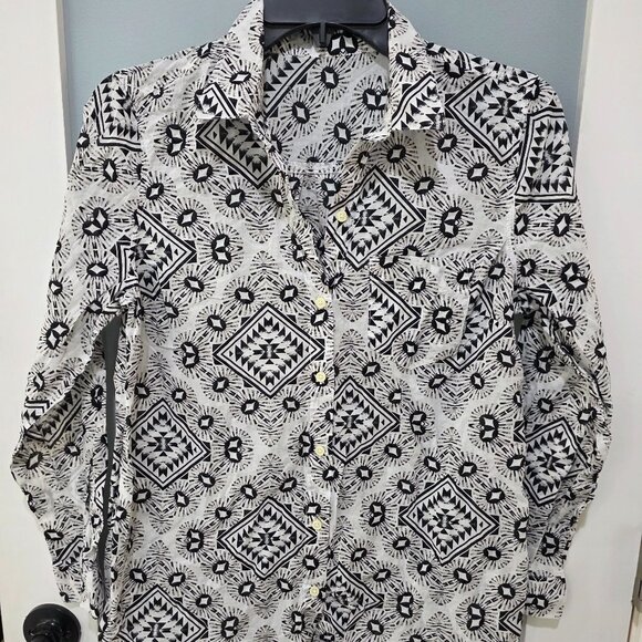 Geometric Print Blouse – Women’s Medium Black White Tan Button Front - Picture 1 of 8